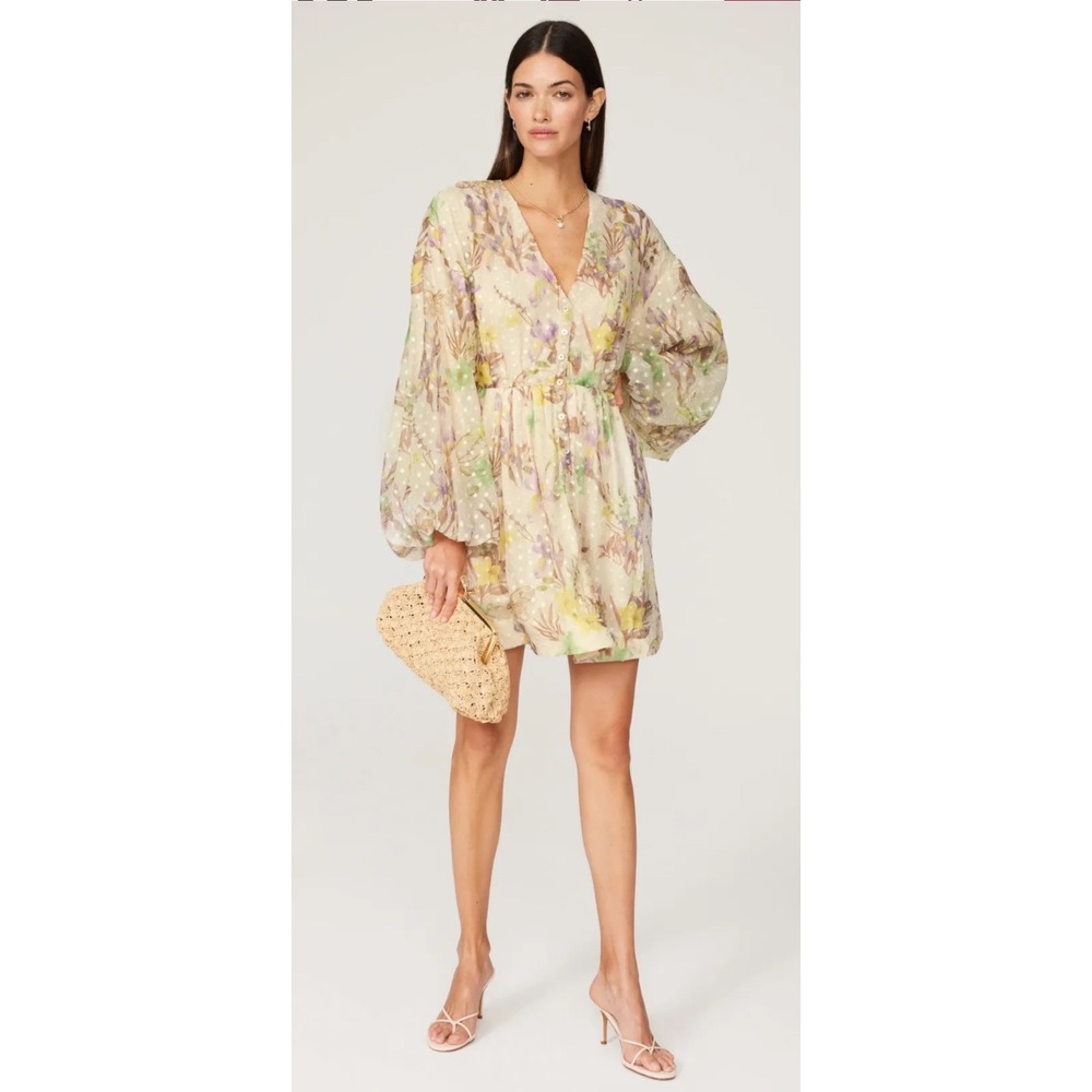 Alexis Behati Mini Dress Floral Butterfly Swiss Dot V-Neck Balloon Sleeve Small
